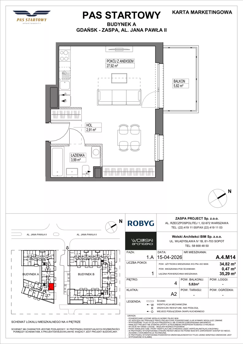 1 pokój, mieszkanie 34,82 m², piętro 4, oferta nr A.4M14, Pas Startowy, Gdańsk, Zaspa, Zaspa-Młyniec, al. Jana Pawła II