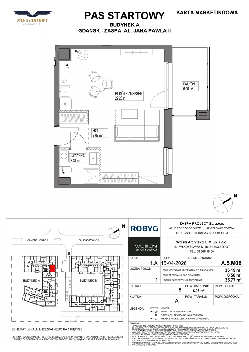1 pokój, mieszkanie 35,19 m², piętro 5, oferta nr A.5M08, Pas Startowy, Gdańsk, Zaspa, Zaspa-Młyniec, al. Jana Pawła II