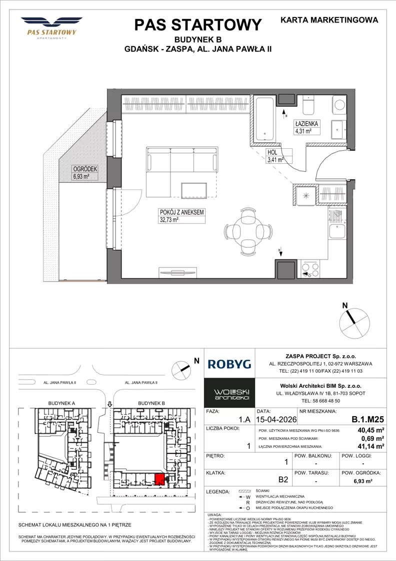 1 pokój, mieszkanie 40,45 m², piętro 1, oferta nr B.1M25, Pas Startowy, Gdańsk, Zaspa, Zaspa-Młyniec, al. Jana Pawła II