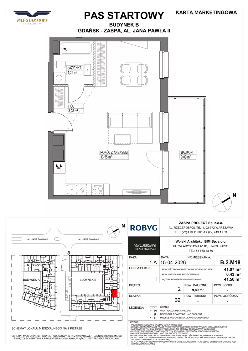 1 pokój, mieszkanie 41,07 m², piętro 2, oferta nr B.2M18, Pas Startowy, Gdańsk, Zaspa, Zaspa-Młyniec, al. Jana Pawła II