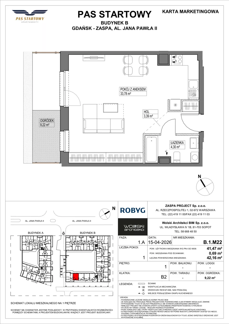 1 pokój, mieszkanie 41,47 m², piętro 1, oferta nr B.1M22, Pas Startowy, Gdańsk, Zaspa, Zaspa-Młyniec, al. Jana Pawła II