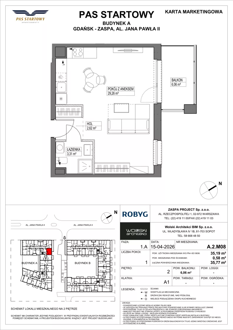 1 pokój, mieszkanie 35,19 m², piętro 2, oferta nr A.2M08, Pas Startowy, Gdańsk, Zaspa, Zaspa-Młyniec, al. Jana Pawła II
