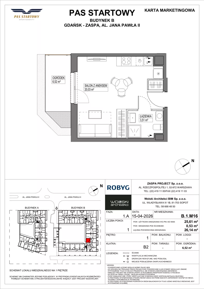 1 pokój, mieszkanie 25,61 m², piętro 1, oferta nr B.1M16, Pas Startowy, Gdańsk, Zaspa, Zaspa-Młyniec, al. Jana Pawła II