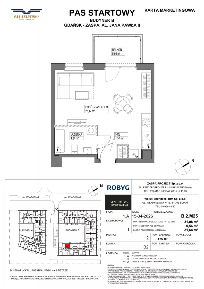 1 pokój, mieszkanie 31,08 m², piętro 2, oferta nr B.2M25, Pas Startowy, Gdańsk, Zaspa, Zaspa-Młyniec, al. Jana Pawła II