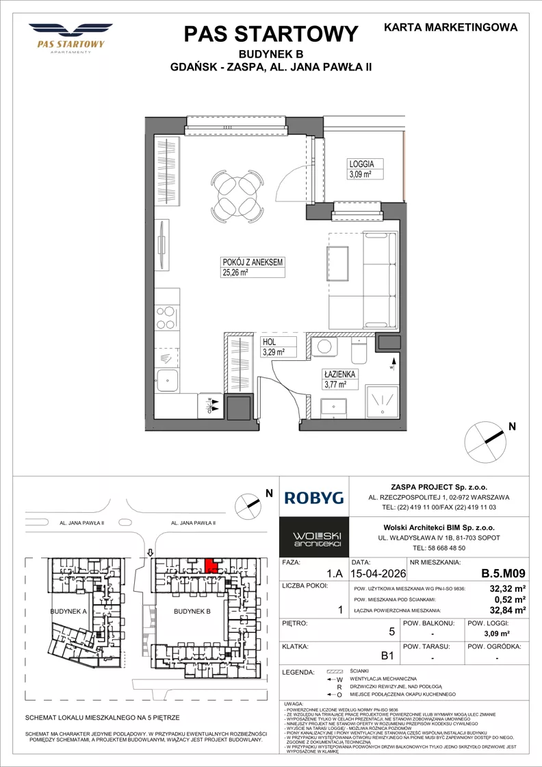 1 pokój, mieszkanie 32,32 m², piętro 5, oferta nr B.5M09, Pas Startowy, Gdańsk, Zaspa, Zaspa-Młyniec, al. Jana Pawła II