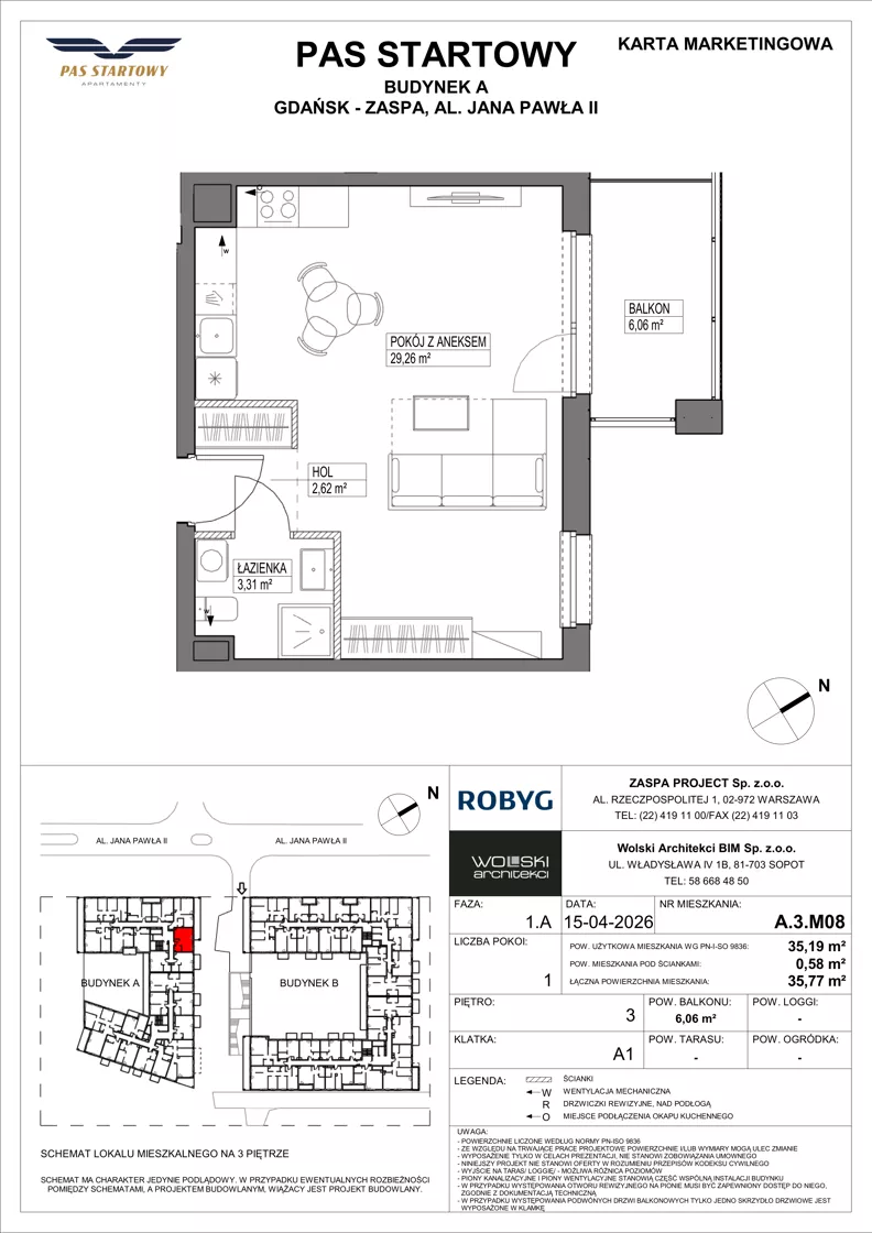 1 pokój, mieszkanie 35,19 m², piętro 3, oferta nr A.3M08, Pas Startowy, Gdańsk, Zaspa, Zaspa-Młyniec, al. Jana Pawła II