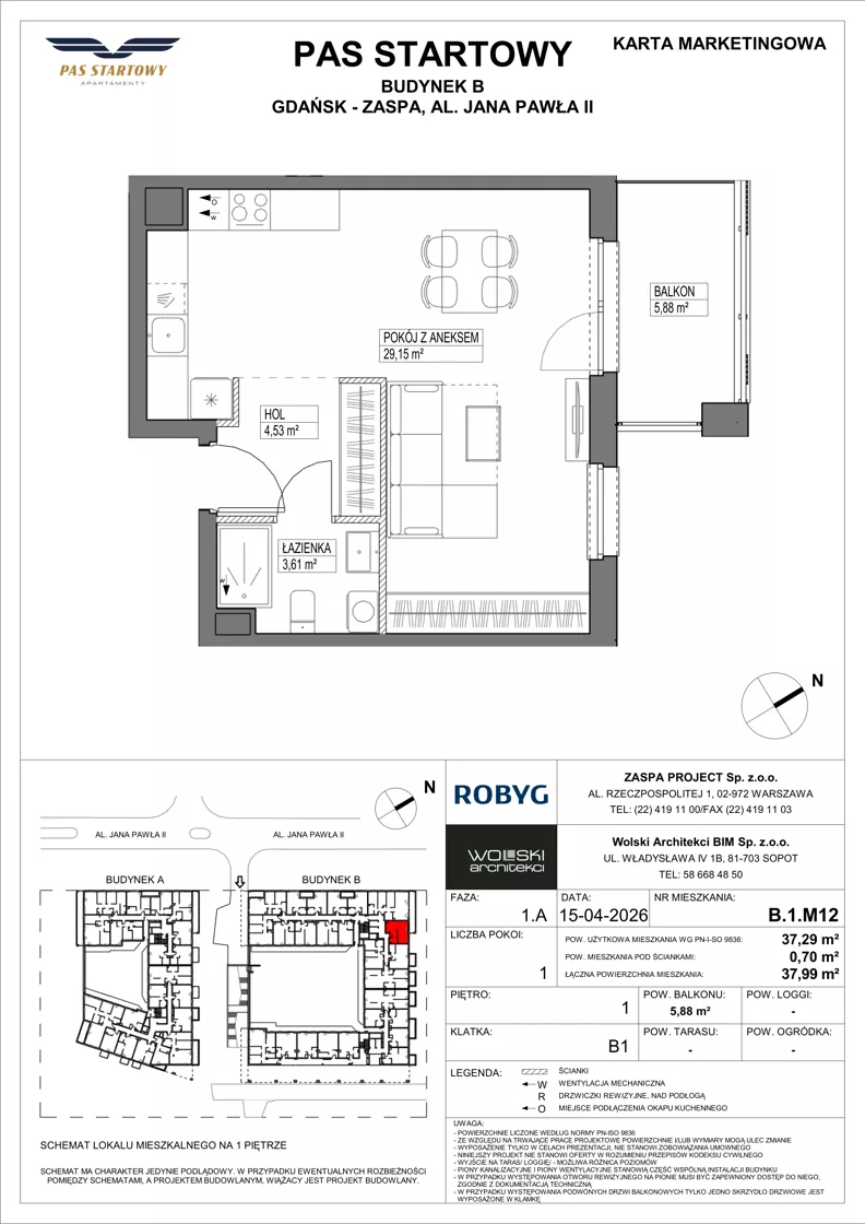 1 pokój, mieszkanie 37,29 m², piętro 1, oferta nr B.1M12, Pas Startowy, Gdańsk, Zaspa, Zaspa-Młyniec, al. Jana Pawła II
