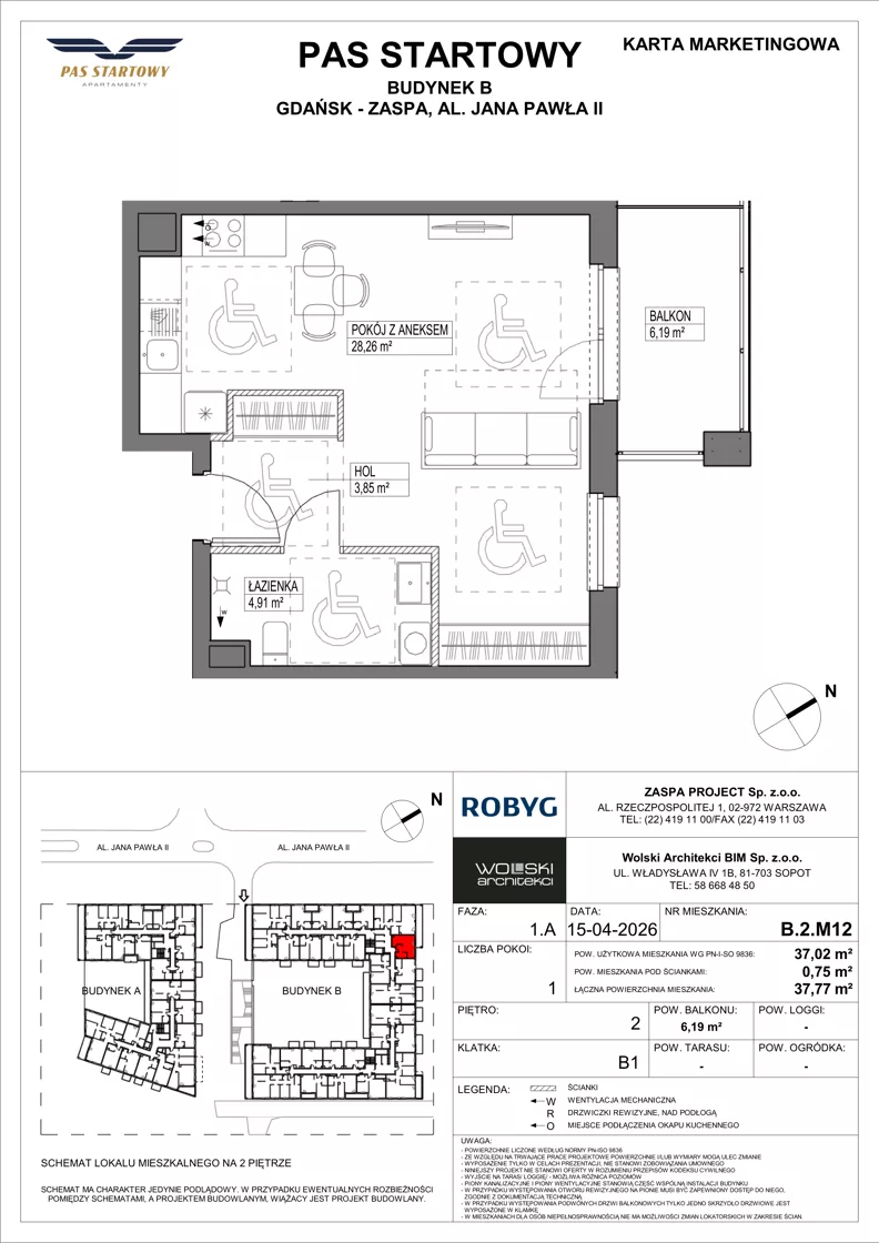 1 pokój, mieszkanie 37,02 m², piętro 2, oferta nr B.2M12, Pas Startowy, Gdańsk, Zaspa, Zaspa-Młyniec, al. Jana Pawła II