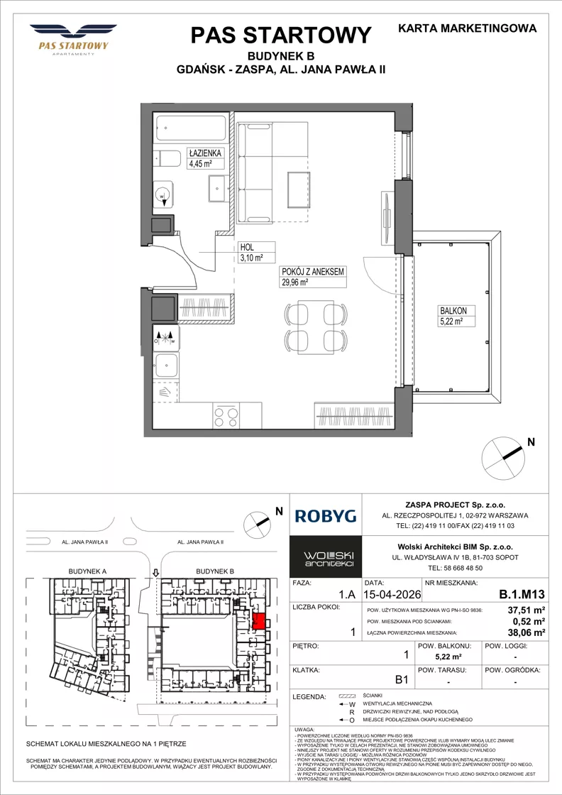 1 pokój, mieszkanie 37,51 m², piętro 1, oferta nr B.1M13, Pas Startowy, Gdańsk, Zaspa, Zaspa-Młyniec, al. Jana Pawła II