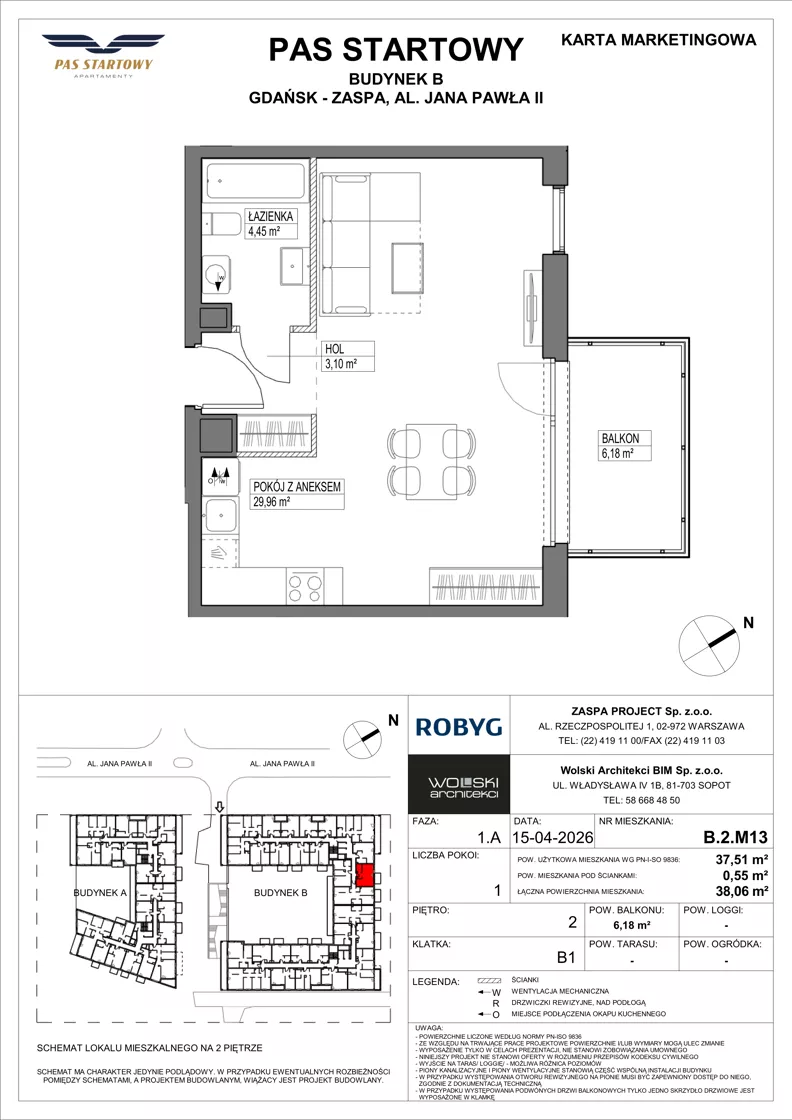 1 pokój, mieszkanie 37,51 m², piętro 2, oferta nr B.2M13, Pas Startowy, Gdańsk, Zaspa, Zaspa-Młyniec, al. Jana Pawła II