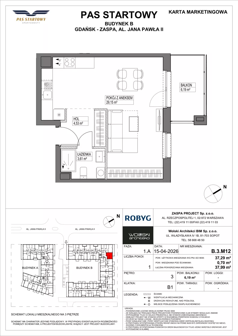 1 pokój, mieszkanie 37,29 m², piętro 3, oferta nr B.3M12, Pas Startowy, Gdańsk, Zaspa, Zaspa-Młyniec, al. Jana Pawła II