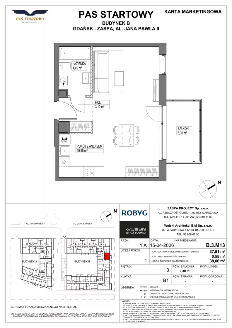 1 pokój, mieszkanie 37,51 m², piętro 3, oferta nr B.3M13, Pas Startowy, Gdańsk, Zaspa, Zaspa-Młyniec, al. Jana Pawła II