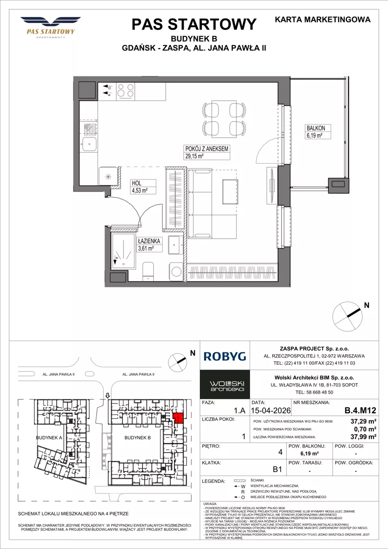 1 pokój, mieszkanie 37,29 m², piętro 4, oferta nr B.4M12, Pas Startowy, Gdańsk, Zaspa, Zaspa-Młyniec, al. Jana Pawła II