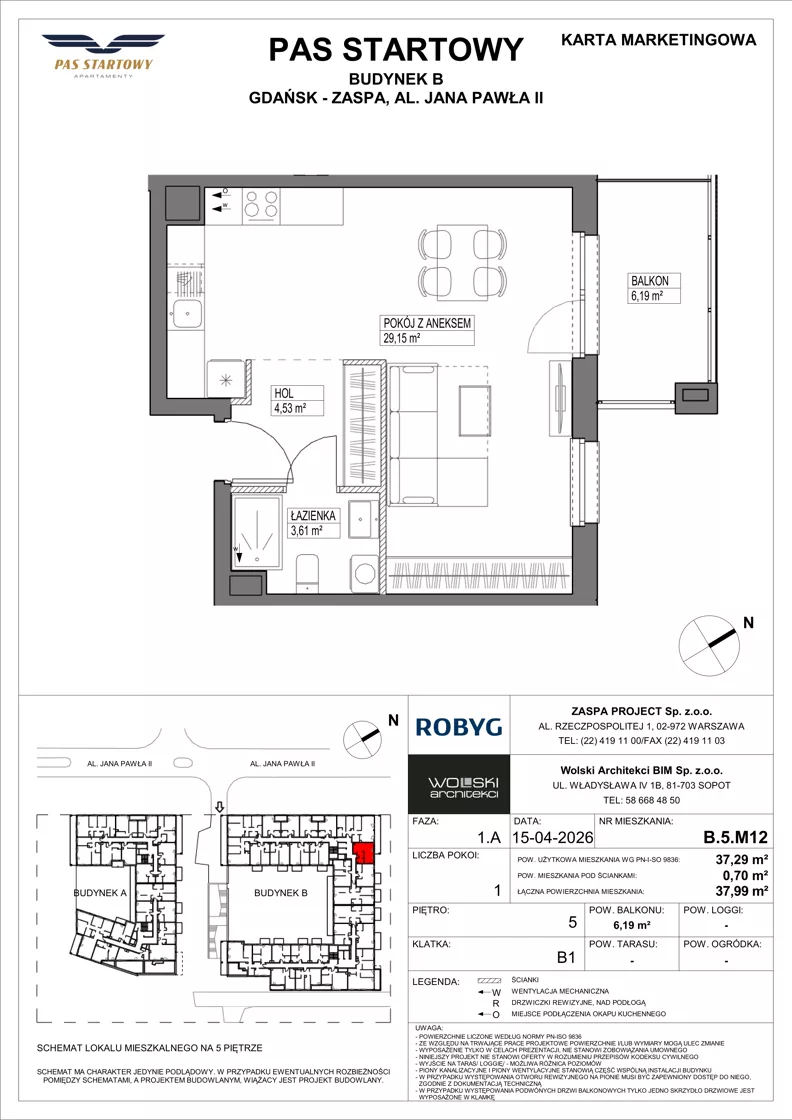 1 pokój, mieszkanie 37,29 m², piętro 5, oferta nr B.5M12, Pas Startowy, Gdańsk, Zaspa, Zaspa-Młyniec, al. Jana Pawła II