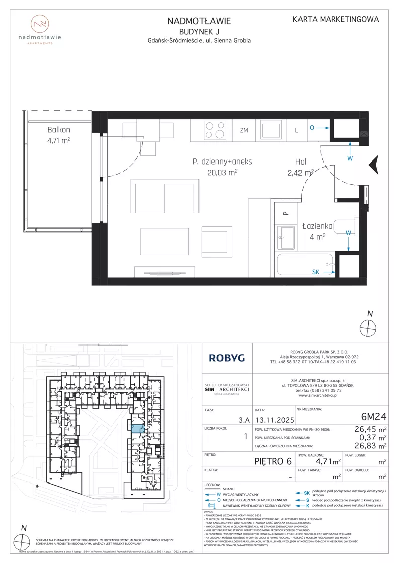 1 pokój, mieszkanie 26,45 m², piętro 6, oferta nr J.6M24, Nadmotławie Apartments Budynek J, Gdańsk, Śródmieście, ul. Sienna Grobla