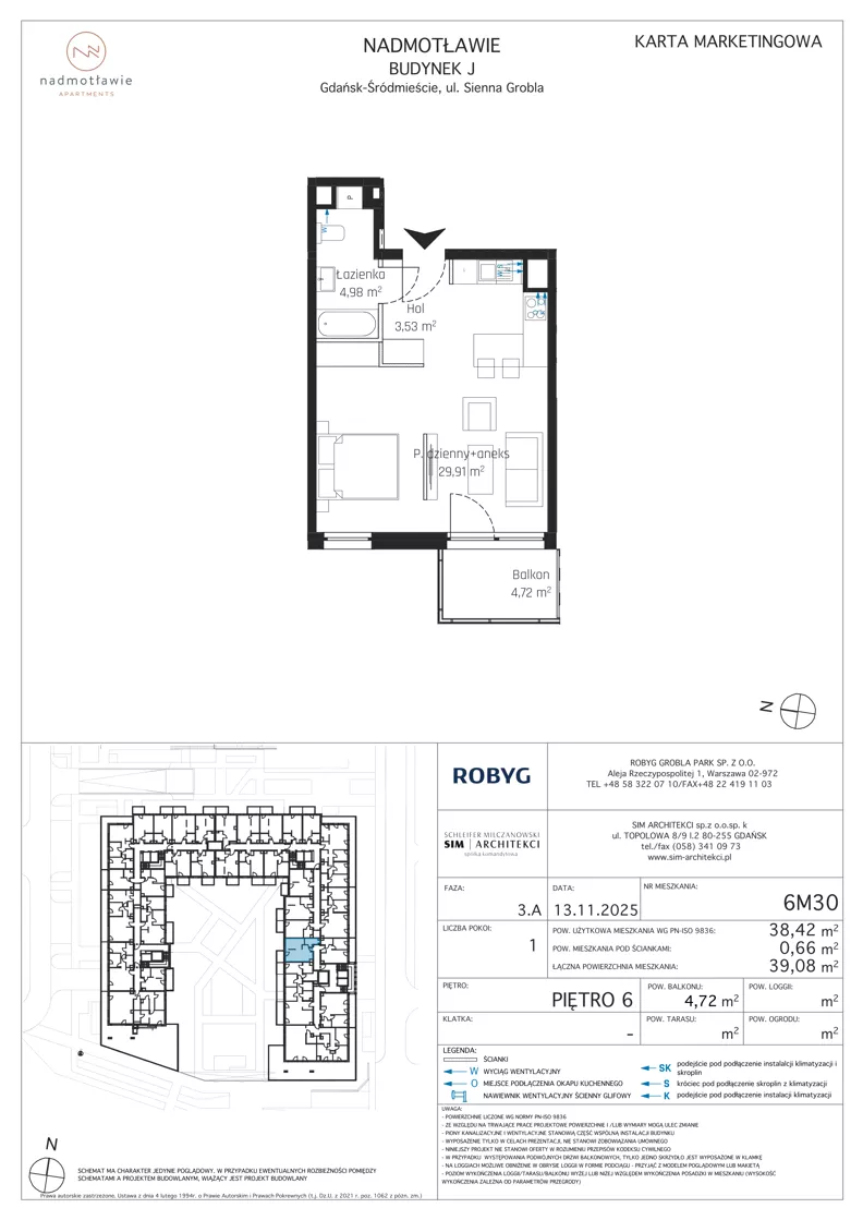 1 pokój, mieszkanie 38,42 m², piętro 6, oferta nr J.6M30, Nadmotławie Apartments Budynek J, Gdańsk, Śródmieście, ul. Sienna Grobla