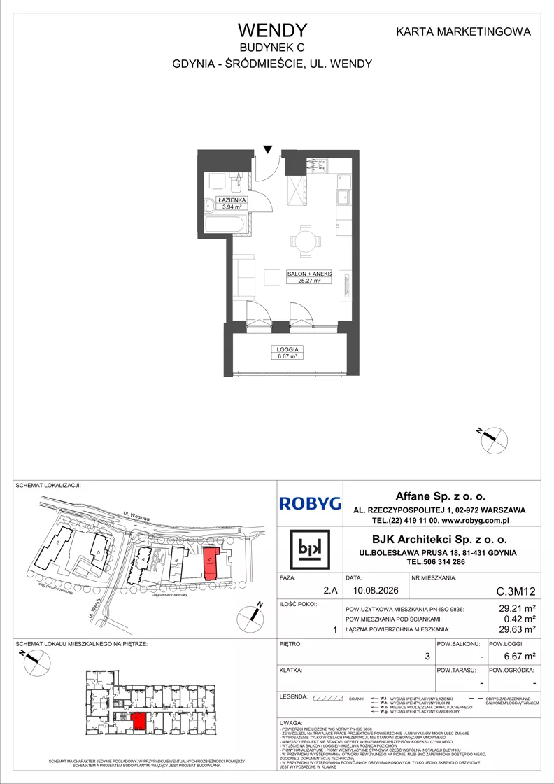 1 pokój, mieszkanie 29,21 m², piętro 3, oferta nr C.3M12, WENDY - Budynek C, Gdynia, Śródmieście, Śródmieście, ul. Wendy 7-9
