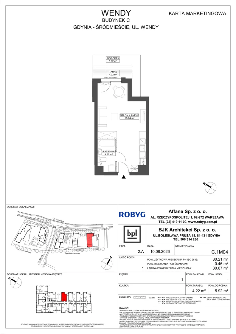 1 pokój, mieszkanie 30,21 m², piętro 1, oferta nr C.1M04, WENDY - Budynek C, Gdynia, Śródmieście, Śródmieście, ul. Wendy 7-9