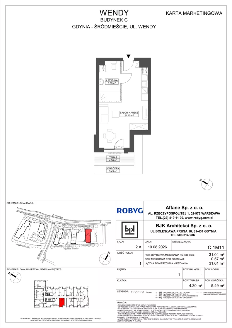 1 pokój, mieszkanie 31,04 m², piętro 1, oferta nr C.1M11, WENDY - Budynek C, Gdynia, Śródmieście, Śródmieście, ul. Wendy 7-9
