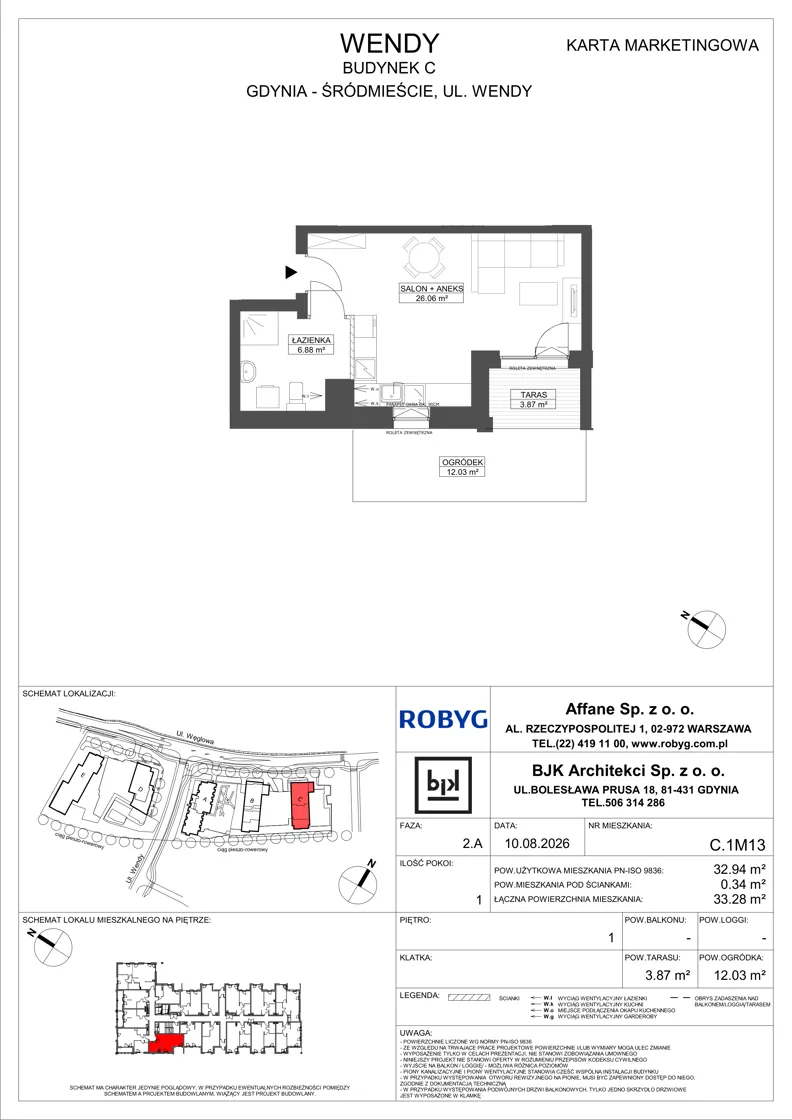 1 pokój, mieszkanie 32,94 m², piętro 1, oferta nr C.1M13, WENDY - Budynek C, Gdynia, Śródmieście, Śródmieście, ul. Wendy 7-9