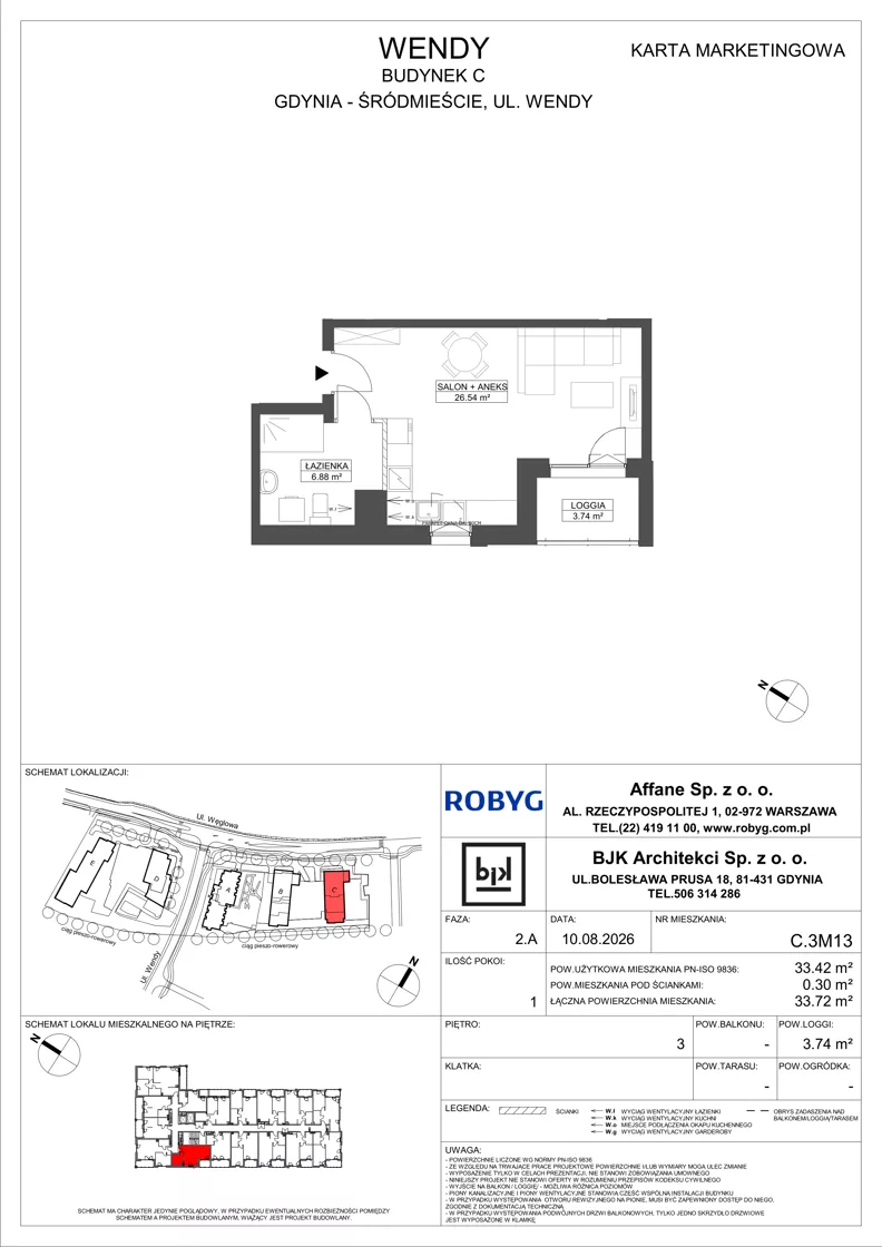 1 pokój, mieszkanie 33,42 m², piętro 3, oferta nr C.3M13, WENDY - Budynek C, Gdynia, Śródmieście, Śródmieście, ul. Wendy 7-9