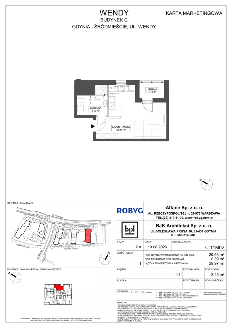 1 pokój, mieszkanie 29,58 m², piętro 11, oferta nr C.11M02, WENDY - Budynek C, Gdynia, Śródmieście, Śródmieście, ul. Wendy 7-9