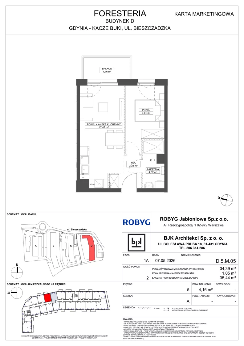 2 pokoje, mieszkanie 34,39 m², piętro 5, oferta nr D.5M05, Foresteria, Gdynia, Wielki Kack, Kacze Buki, ul. Bieszczadzka