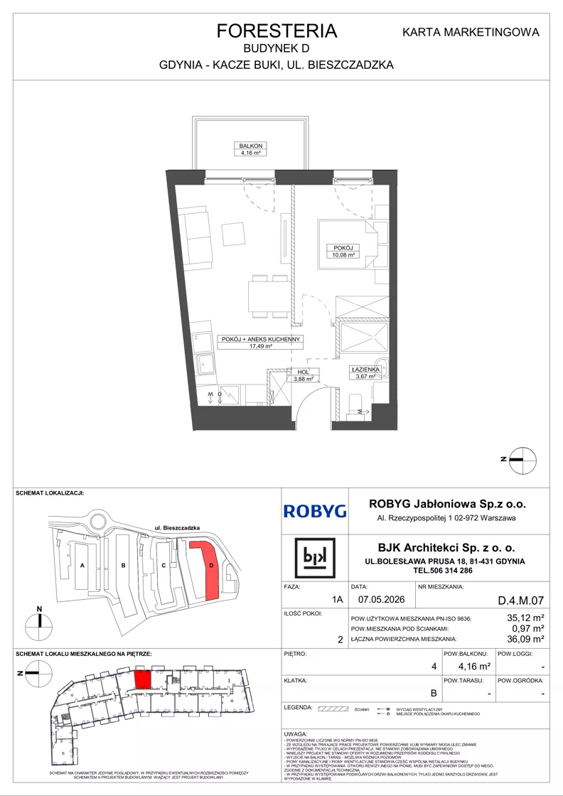 2 pokoje, mieszkanie 35,12 m², piętro 4, oferta nr D.4M07, Foresteria, Gdynia, Wielki Kack, Kacze Buki, ul. Bieszczadzka