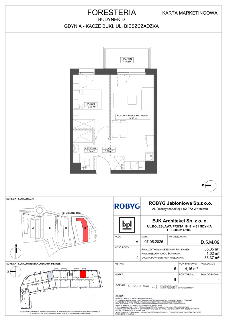 2 pokoje, mieszkanie 35,35 m², piętro 5, oferta nr D.5M09, Foresteria, Gdynia, Wielki Kack, Kacze Buki, ul. Bieszczadzka