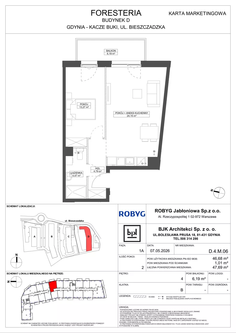 2 pokoje, mieszkanie 46,68 m², piętro 4, oferta nr D.4M06, Foresteria, Gdynia, Wielki Kack, Kacze Buki, ul. Bieszczadzka