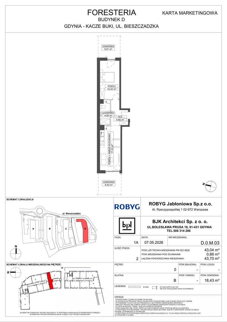 2 pokoje, mieszkanie 43,04 m², parter, oferta nr D.0M03, Foresteria Etap D, Gdynia, Wielki Kack, Kacze Buki, ul. Bieszczadzka