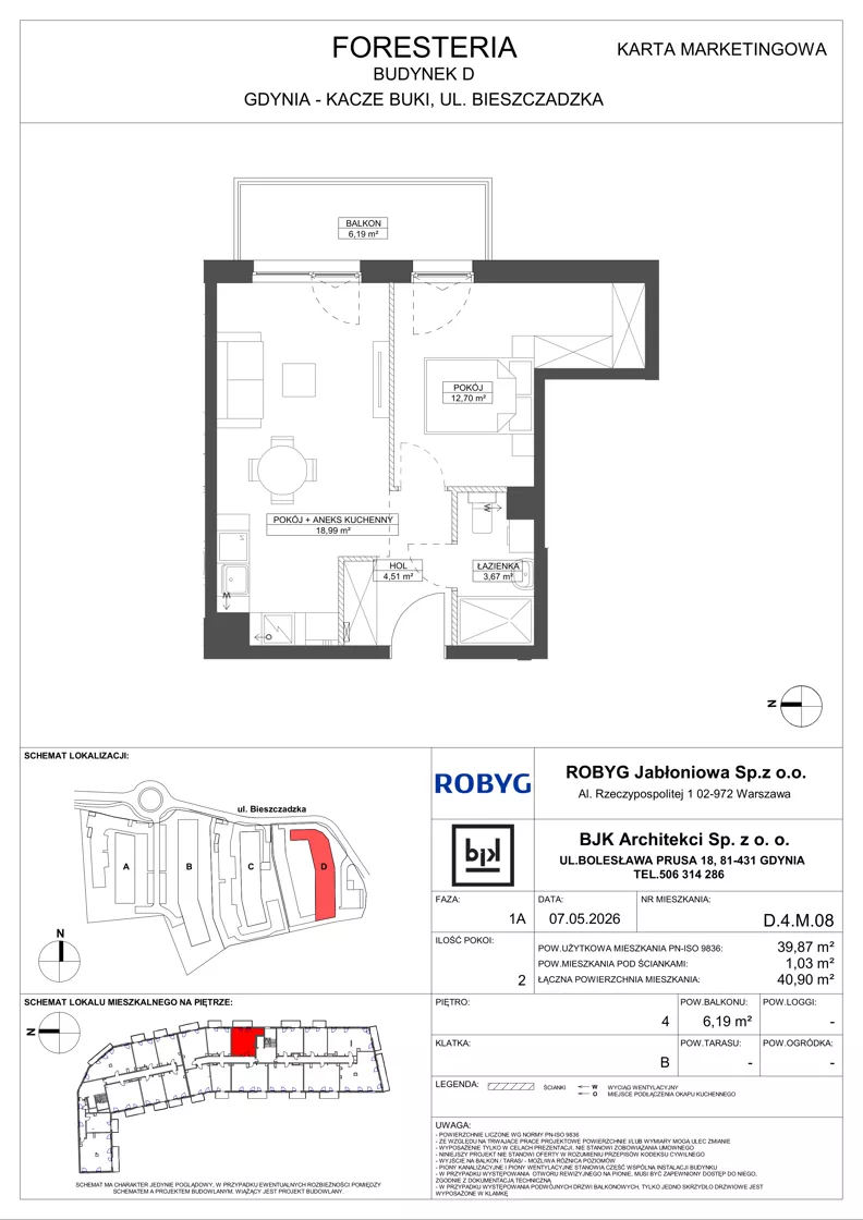2 pokoje, mieszkanie 39,87 m², piętro 4, oferta nr D.4M08, Foresteria Etap D, Gdynia, Wielki Kack, Kacze Buki, ul. Bieszczadzka