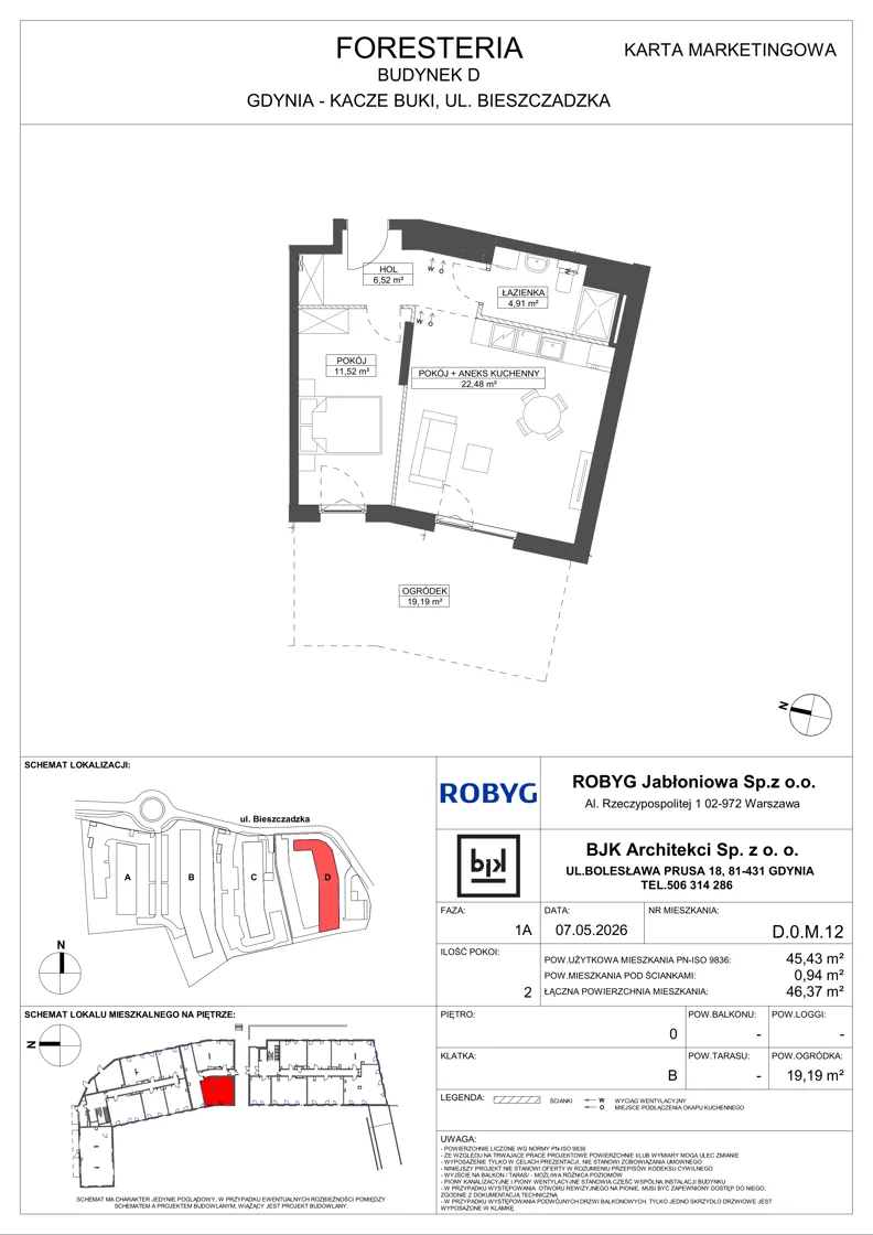 2 pokoje, mieszkanie 45,43 m², parter, oferta nr D.0M12, Foresteria Etap D, Gdynia, Wielki Kack, Kacze Buki, ul. Bieszczadzka