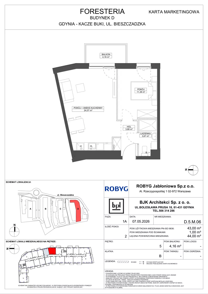 2 pokoje, mieszkanie 43,00 m², piętro 5, oferta nr D.5M06, Foresteria Etap D, Gdynia, Wielki Kack, Kacze Buki, ul. Bieszczadzka