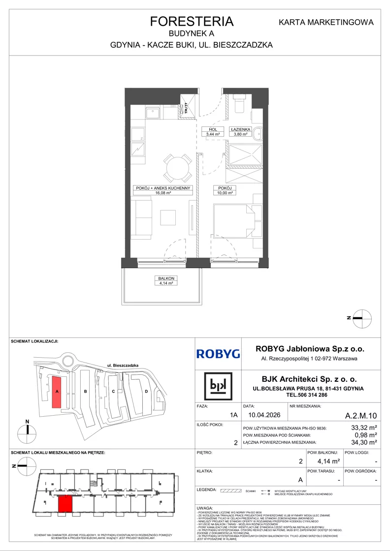 2 pokoje, mieszkanie 33,32 m², piętro 2, oferta nr A.2M10, Foresteria Etap A, Gdynia, Wielki Kack, Kacze Buki, ul. Bieszczadzka