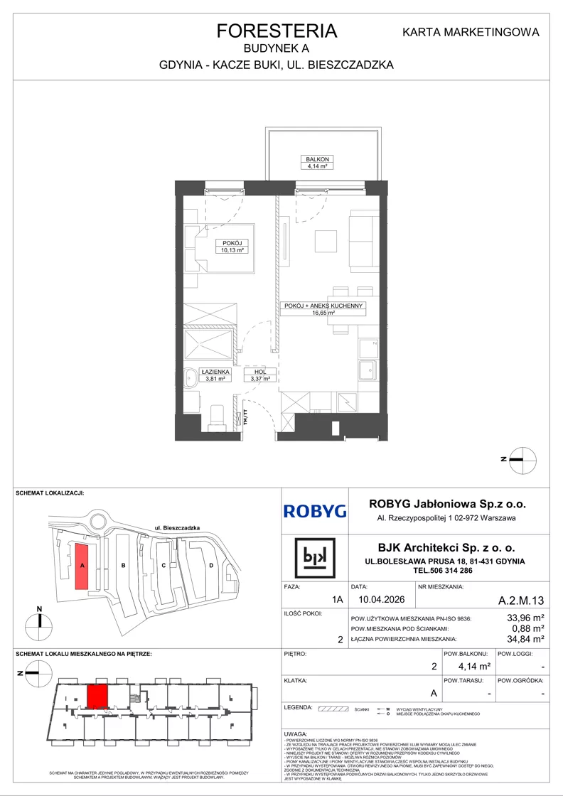 2 pokoje, mieszkanie 33,96 m², piętro 2, oferta nr A.2M13, Foresteria Etap A, Gdynia, Wielki Kack, Kacze Buki, ul. Bieszczadzka