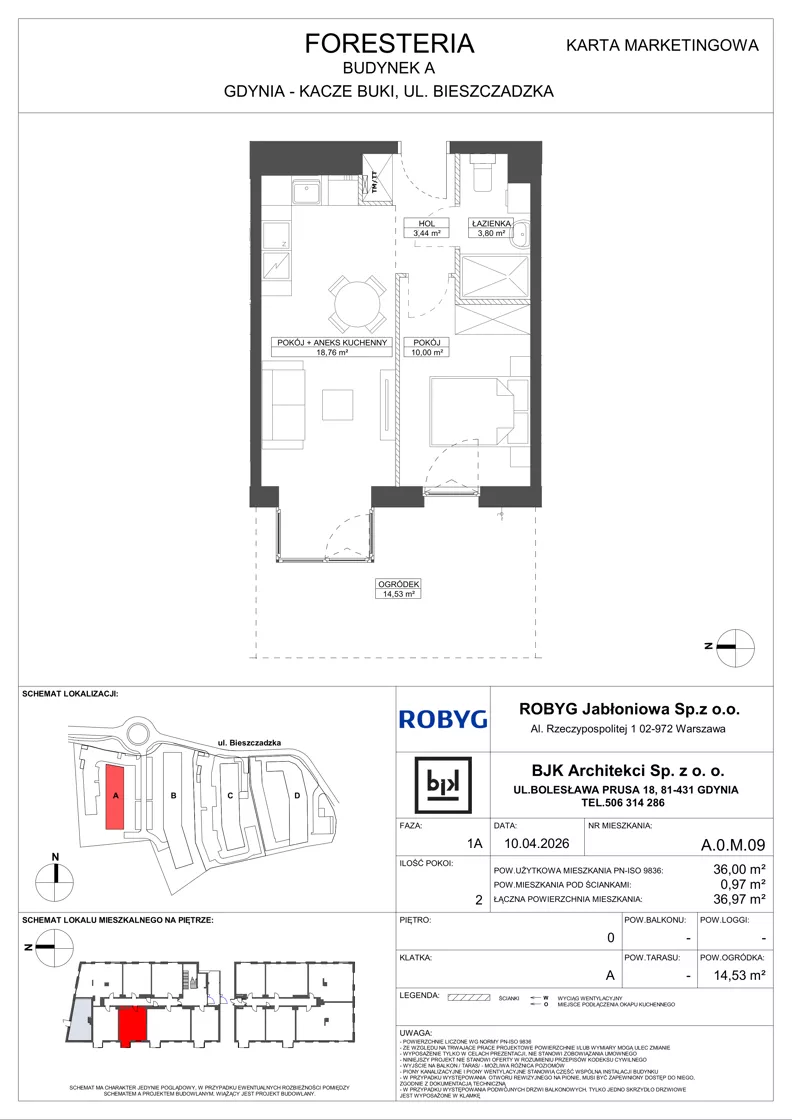 2 pokoje, mieszkanie 36,00 m², parter, oferta nr A.0M09, Foresteria Etap A, Gdynia, Wielki Kack, Kacze Buki, ul. Bieszczadzka