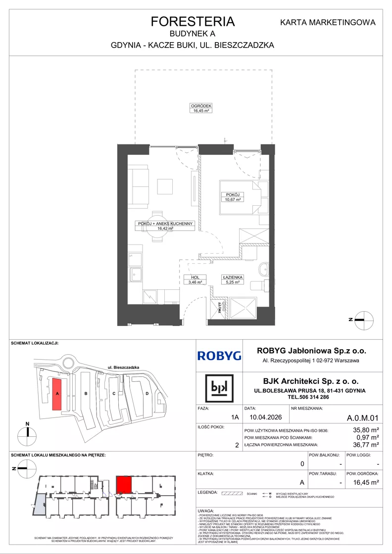 2 pokoje, mieszkanie 35,80 m², parter, oferta nr A.0M01, Foresteria Etap A, Gdynia, Wielki Kack, Kacze Buki, ul. Bieszczadzka