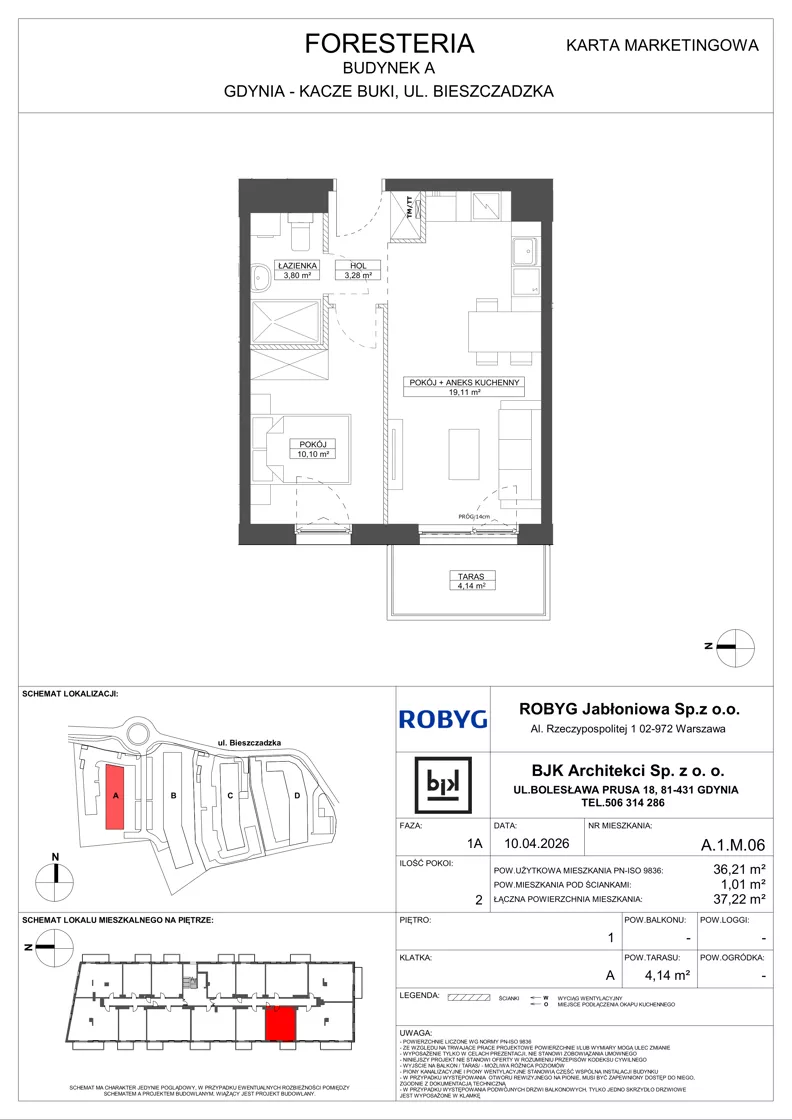 2 pokoje, mieszkanie 36,21 m², piętro 1, oferta nr A.1M06, Foresteria Etap A, Gdynia, Wielki Kack, Kacze Buki, ul. Bieszczadzka