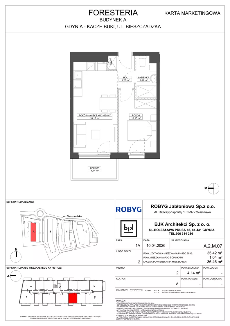 2 pokoje, mieszkanie 35,42 m², piętro 2, oferta nr A.2M07, Foresteria Etap A, Gdynia, Wielki Kack, Kacze Buki, ul. Bieszczadzka