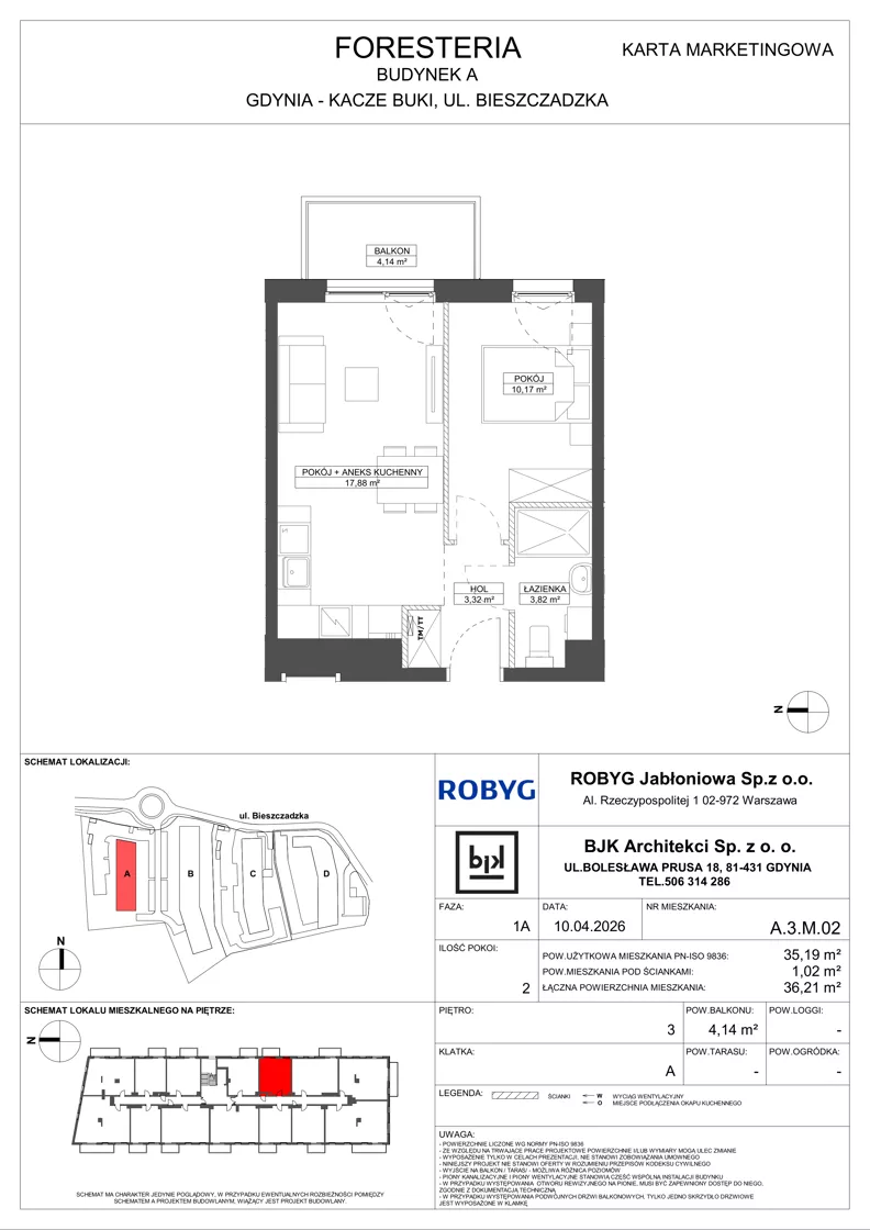 2 pokoje, mieszkanie 35,19 m², piętro 3, oferta nr A.3M02, Foresteria Etap A, Gdynia, Wielki Kack, Kacze Buki, ul. Bieszczadzka