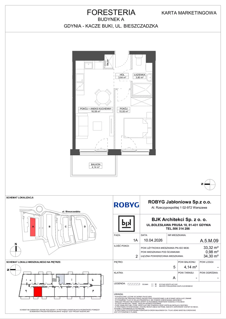 2 pokoje, mieszkanie 33,32 m², piętro 5, oferta nr A.5M09, Foresteria Etap A, Gdynia, Wielki Kack, Kacze Buki, ul. Bieszczadzka