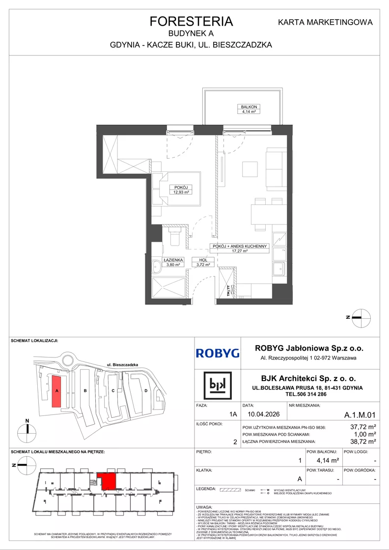2 pokoje, mieszkanie 37,72 m², piętro 1, oferta nr A.1M01, Foresteria Etap A, Gdynia, Wielki Kack, Kacze Buki, ul. Bieszczadzka