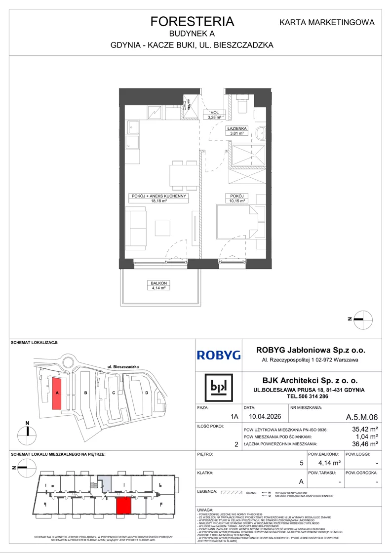 2 pokoje, mieszkanie 35,42 m², piętro 5, oferta nr A.5M06, Foresteria Etap A, Gdynia, Wielki Kack, Kacze Buki, ul. Bieszczadzka