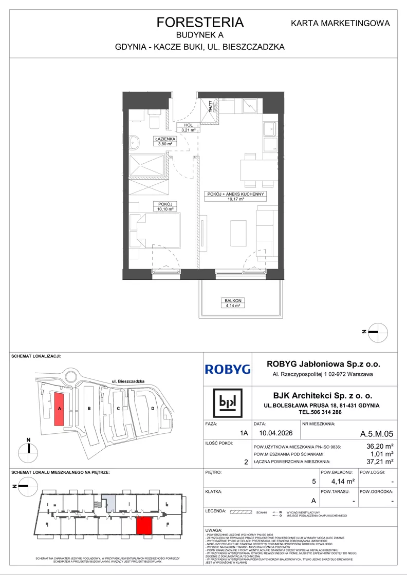 2 pokoje, mieszkanie 36,20 m², piętro 5, oferta nr A.5M05, Foresteria Etap A, Gdynia, Wielki Kack, Kacze Buki, ul. Bieszczadzka