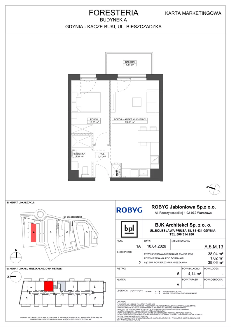 2 pokoje, mieszkanie 38,04 m², piętro 5, oferta nr A.5M13, Foresteria Etap A, Gdynia, Wielki Kack, Kacze Buki, ul. Bieszczadzka
