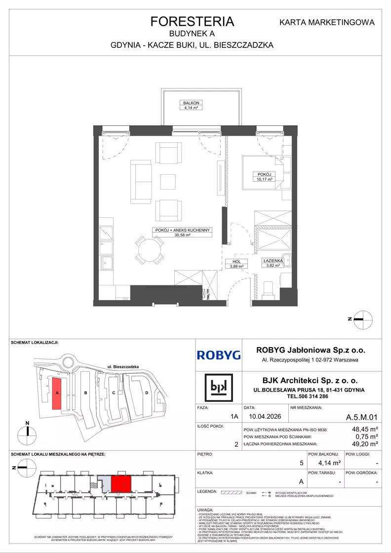 2 pokoje, mieszkanie 48,45 m², piętro 5, oferta nr A.5M01, Foresteria Etap A, Gdynia, Wielki Kack, Kacze Buki, ul. Bieszczadzka