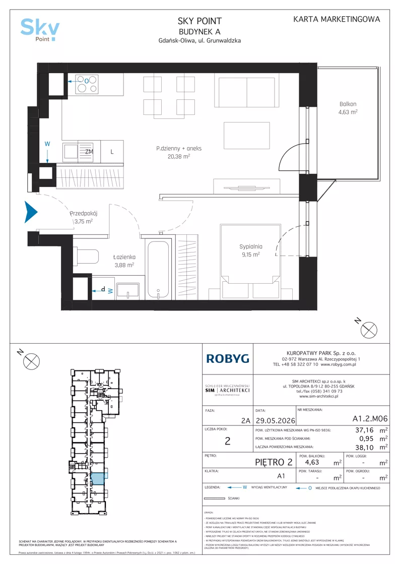 2 pokoje, apartament inwestycyjny 37,16 m², piętro 2, oferta nr A1.2M06, Sky Point - Apartamenty Inwestycyjne, Gdańsk, Oliwa, Zaspa-Rozstaje, al. Grunwaldzka