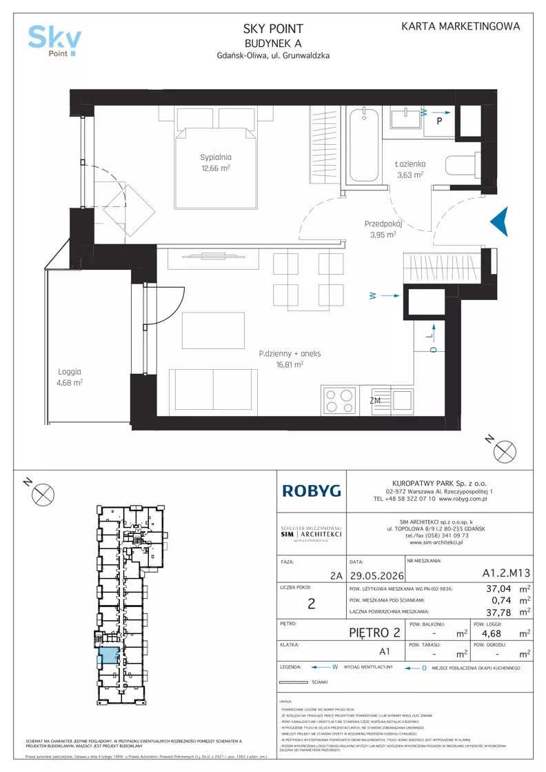 2 pokoje, apartament inwestycyjny 37,04 m², piętro 2, oferta nr A1.2M13, Sky Point - Apartamenty Inwestycyjne, Gdańsk, Oliwa, Zaspa-Rozstaje, al. Grunwaldzka