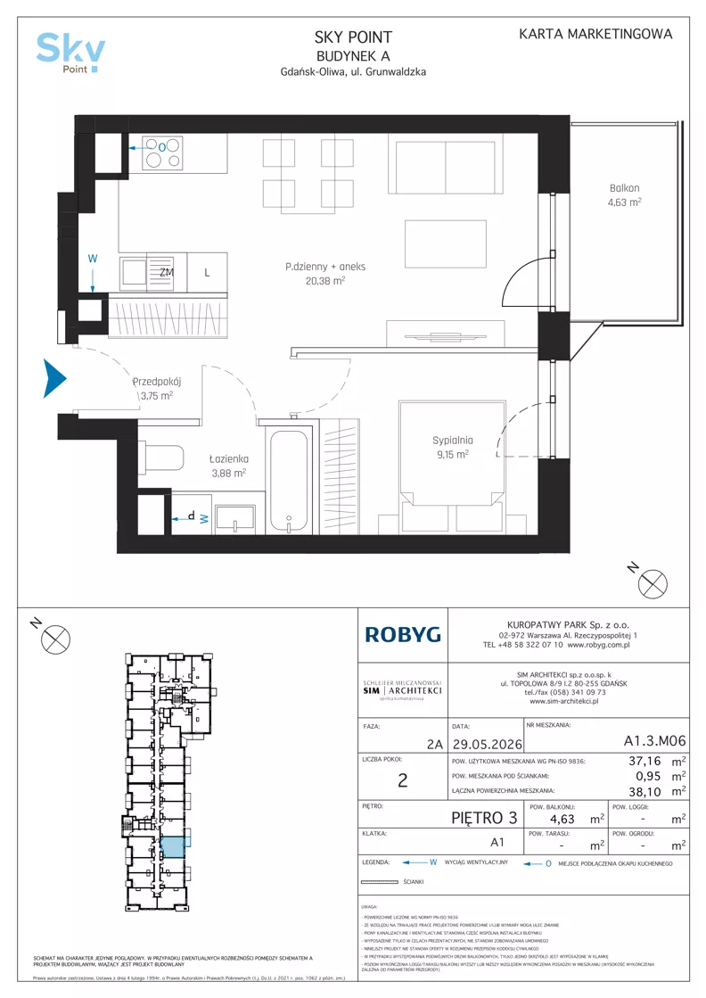 2 pokoje, apartament inwestycyjny 37,16 m², piętro 3, oferta nr A1.3M06, Sky Point - Apartamenty Inwestycyjne, Gdańsk, Oliwa, Zaspa-Rozstaje, al. Grunwaldzka